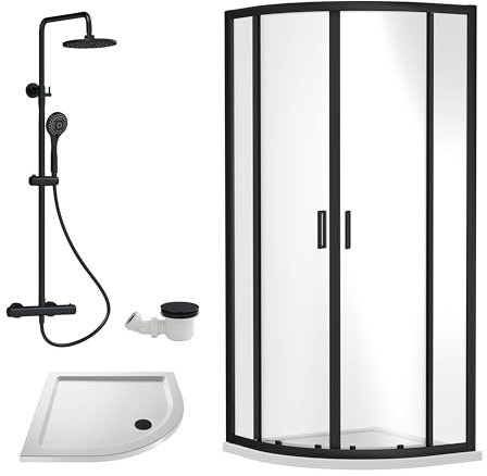 Balterley Quadrant Shower Enclosure with Quadrant Tray, Waste & Thermostatic Shower Kit, 6mm Toughened Safety Glass Door, Bar Handle Sliding Glass Door, Round Showerhead & Handset (Black)