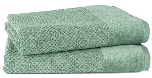 Pure Label 2-TLG. Badetücher Set mit Anhängeschlaufe aus 100% Baumwolle, saugstark, weich und Oeko-TEX Zertifiziert - 2 Badetücher aus Baumwolle 70x140 cm, Grün - Salbeigrün