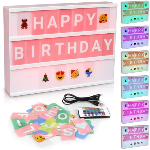 SHYOSUCCE caja de luz LED rosa con 16 cambios de color, 4 modos de flash, 221 letras, 163 emojis, 24 tarjetas transparentes, caja de luz A4 para bodas fiestas de cumpleaños KTV bar