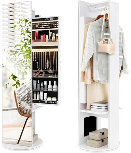 RELAX4LIFE Armoire à Bijoux Pivotante à 360º Avec Miroir Sur Pieds, Porte-Manteau, Lumière LED 3 Couleurs, Étagère de Rangement Pour Dressing Chambre