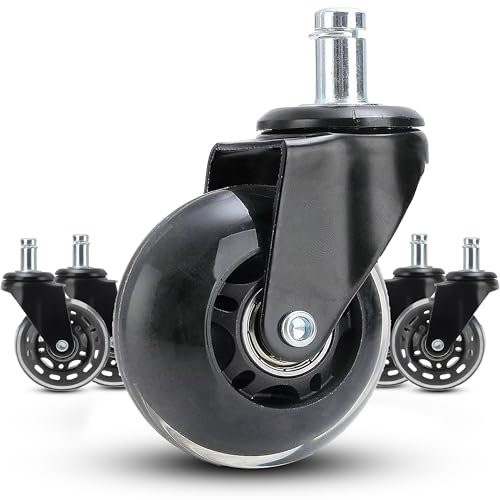 Retoo Juego de 5 ruedas para silla de oficina, 10 mm x 22 mm, 75 mm de diámetro, silenciosas y respetuosas con el suelo, adecuadas para suelos duros y alfombras, fácil montaje, materiales de alta