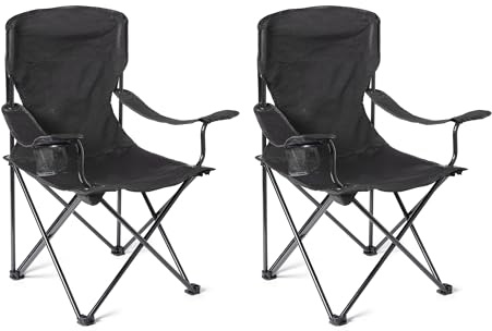 Amazon Basics Silla de Camping Plegable Portátil con Portavasos - Silla de Exterior con Marco de Acero, Resistente al Agua, con Bolsa de Transporte - 72,5cm x 52,5cm x 93,2cm - Negro - Pack de 2