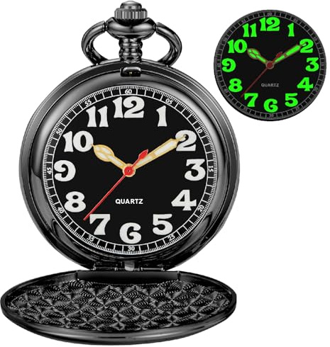 Tiong Black Smooth Covered Quartz Men's Pocket Watch,Luminous Arabic Numerals Black Dial Pocket Watch with Chain