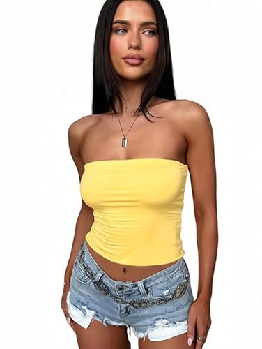 Sukiglam Bandeau Tube Top Femme Sexy Hauts Été sans Bretelles Débardeur sans Manches Court Basic Crop Tops Élastique Slim Fit Shirt Dos Nu Y2K Casual Couleur Unie Bustier Sport Chemise