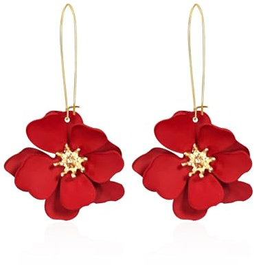 SIXDUTON Boucle D'oreille Fleur pour Femmes, Boucles D'oreilles Pendentif Fleur de Bohème Pétale Hypoallergénique Mode Bijoux Cadeau (Rouge)