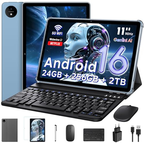 11 Inch Tablet Android 16 with Keyboard, 24GB RAM + 256GB ROM (2TB Expand), T7250 Octa-Core, 1920x1200 IPS FHD Display, 16MP+8MP Dual Camera, Gemini AI, GPS, 2.4G/5G WiFi, 8000mAh, Widevine L1