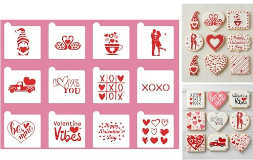 Love/Anniversary Cookie Stencils Decorations Set, 12-Pack Reusable Heart Love Designs for Baking Decoration Tools for Cookies, Royal Icing, Cakes, Coffee & Crafts