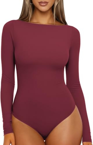 Sukiglam Body Femme Manches Longues Col Bateau Bodysuit Top Basique Élégant Body Moulant Casual Jumpsuit Tops Couleur Unie Blouses Chemisiers Autunno Gainant Confortable pour Tous les Jours