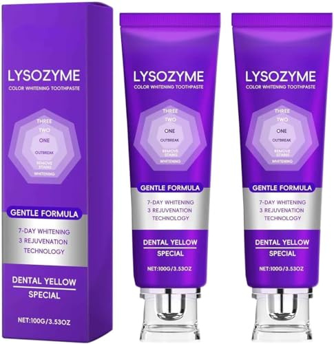 Lysozym Whitening tandkräm 100 g – 2026 färgkorrigerande tandkräm (lila) för gula tänder, tar bort missfärgningar, ger frisk andning, vårdar tandemalen, är lämplig för tänder (2 st)