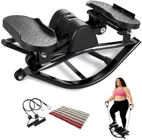 Macchina per allenamento a casa stepper fitness a dondolo laterale con fascia di resistenza con display digitale e traccia del tempo, per allenamento completo del corpo black