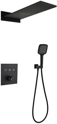 XJTNLB Columna Ducha de Pared Empotrado Negro Cascada Ducha Efecto Lluvia, Duchas de Baño Empotradas con Teclas de Piano