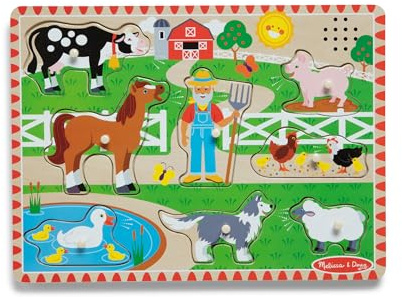 Melissa & Doug Tavola Puzzle Sonora in Legno, Imparare a Conoscere gli Animali della Fattoria, 8 Pezzi, Gioco Educativo, Sviluppo Attivita' Cognitive, 2+, Regalo Bambini Bambine