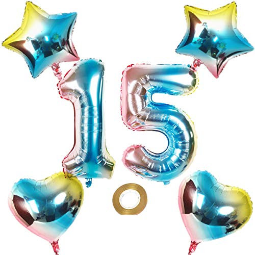 Luftballons Zahl 15 Nummer 15 Luftballon Regenbogen 15 Zahlenballon Folienballon 32 inch 80 cm XL für Mädchen Junge,Riesen Aufblasbar herz Helium Folienballon Stern Ballons Geburtstag Party Deko (15)
