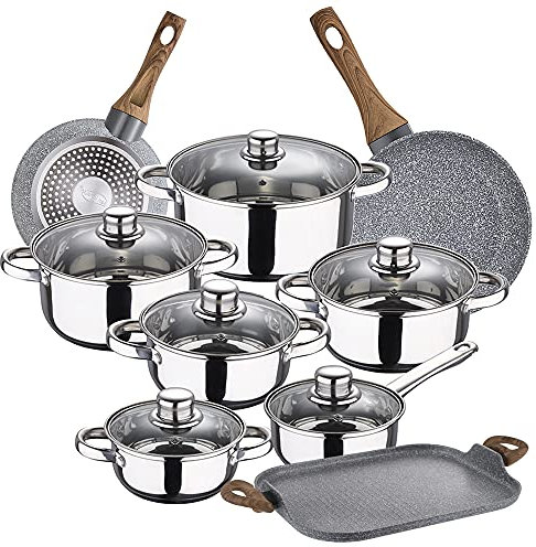 San Ignacio Bateria de cocina 12 piezas Cassel, acero inoxidable, con juego sartenes (18/26 cm) y grill 35,5x28,3 cm Daimiel en aluminio forjado, Plateado