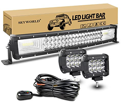 SKYWORLD 22 Zoll LED Arbeitsscheinwerfer Bar Gebogen Off-Road Zusazuscheinwefer 12V 24V, 2 X 4 Zoll Spot Led Scheinwerfer Arbeitslichtleiste + Kabelbaum Kit für 4x4 4WD Traktor LKW ATV UTV Fahrzeuge