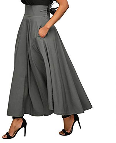 Xmiral Gonna Lunga Vita Alta Elegante Vintage Maxi Gonna a Pieghe Spacco Gonna Retro Tasche Cintura Lunga Vestito da Donna (M,2Grigio)