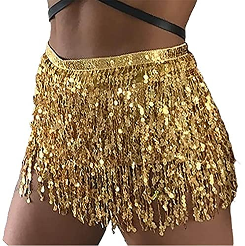 Carufin Women's Belly Dance Skirt Hip Belt Sequin Tassel Skirt Hip Wrap Scarf Rave Music Festival Costume (Gold)