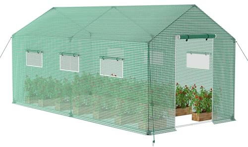 Aufun Serra in Lamina 4,5x2x2m per pomodori, con Lamina a Rete e Finestra, Tunnel in Lamina Resistente all'inverno, piantagione, Riutilizzabile, Tetto spiovente, Verde