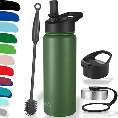 Milu Edelstahl Trinkflasche 500ml, 750ml, 1000ml (+3 Deckel) - Thermosflasche mit Strohhalm, Isolierte Wasserflasche, Auslaufsichere Isolierflasche doppelwandig, Kohlensäure geeignet (Olivgrün, 500ml)