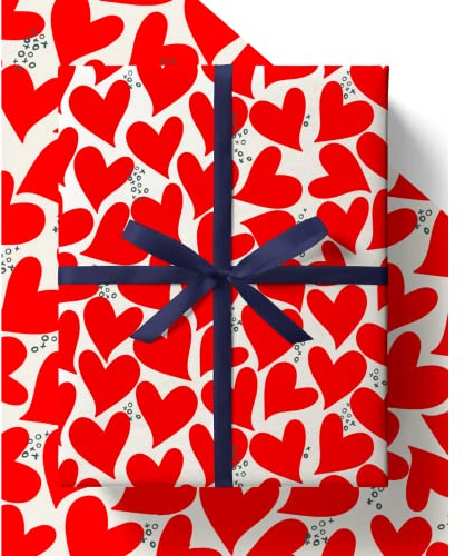 Red Hearts Wrapping Paper - HUGE 43% BIGGER [84cm x 60cm] Premium Eco Red Hearts Gift Wrap Sheets for Anniversary, Wedding, Birthday, Valentines Day, Husband or Wife (4 Sheets & 4 Tags)
