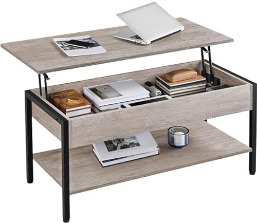 Yaheetech Mesa de Centro Elevable con Mecanismo Hidráulico Diseño Industrial de Doble Nivel Mesa Baja de Industrial para Sofa Salon 104,5x49,5X(47-62) cm Gris