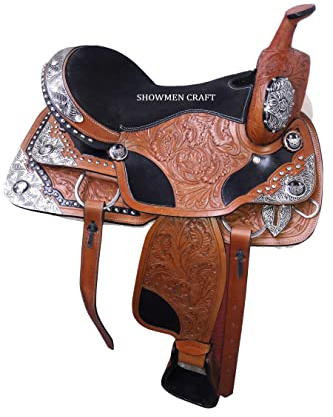 SHOWMEN CRAFT Westernsattel aus Leder mit silbernen Eckkanchos mit passendem Halfter und Brustkragen (30,5 cm)