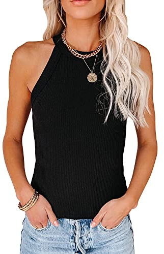 QKEPCY Debardeur Femme Tank Top Côtelé Col Halter Tops sans Manche Haut Chic Tricot Côtelé Vetement Ete Élégant Caraco Moulant Haut Basique Tshirt Casual