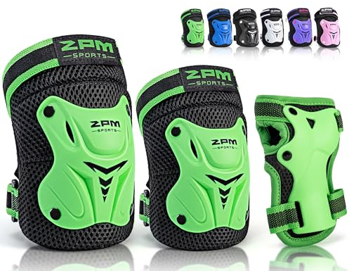 2PM SPORTS Knee Pads for Kids, Wrist Guards Knee and Elbow Pads Set with Drawstring Bag, Protective Gear Set for Girls Boys Roller Skating Cycling Skateboard - Green Medium