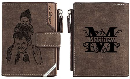 Jeweidea Geldbörse Herren Leder Slim Personalisierte Geldbörse Herren mit Foto Geldbörse Herren mit Namen Gravur Brieftasche mit Reißverschluss für Ehemann Papa Personalisierte Geschenke Männer