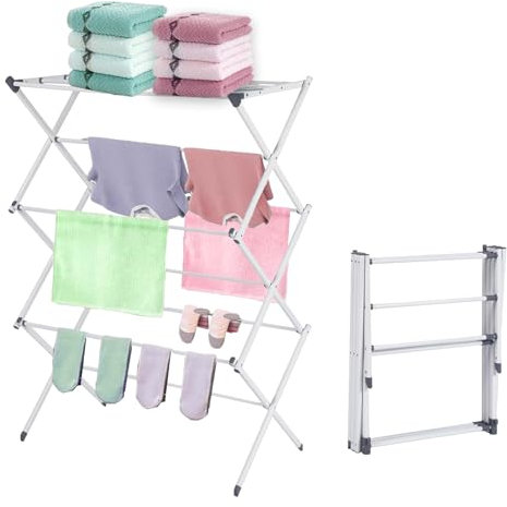 UR CHOICE 3-Tier Clothes Airer Drying Rack, 12M Washing Line Airer with Foldable Racks, Indoor & Outdoor Clothes Dryer Airers, Space Saving Laundry Rack, Easy to Store, White