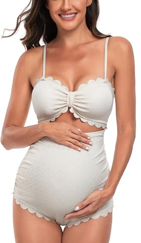 EastElegant Maternity One Piece Swimwear Back Cutout Pregnancy Bikini Scalloped Pregnant Bathing Suit Beige S