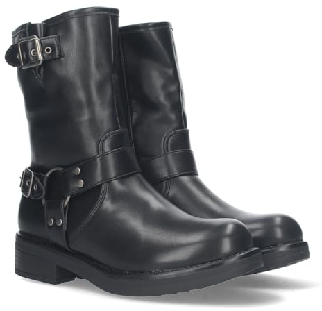 79608 Botines Moteros de Diseno Liso con Tacon Bajo, Adorno al Tono en el Tobillo y Cana de 19cm con Hebilla y Cierre de Cremallera, Ideales para ir de Ruta en Otono e Invierno Negro Talla 38