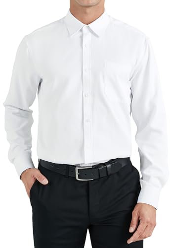 HISDERN Mens White Shirt Long Sleeve Dress Shirts for Men Adult Formal Button Down Smart Casual Regular Fit Business with Pocket 2XL