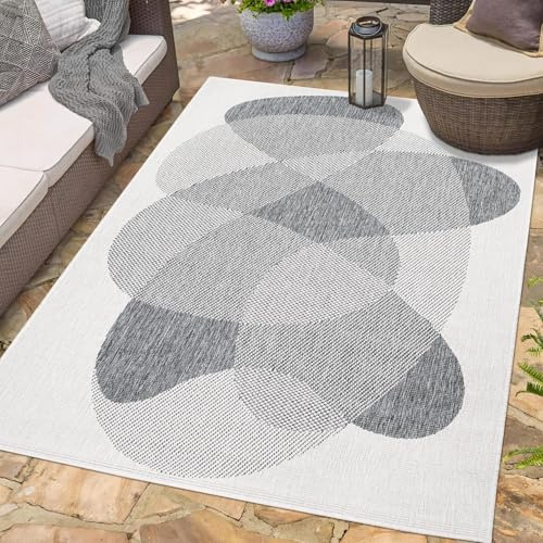 carpet city Outdoor Teppich Wetterfest 160x230 cm - Creme-Grau - Wendeteppich, Beidseitiges Geometrisches Muster - Balkonteppich Wasserfest Outdoor - Terrassenteppich