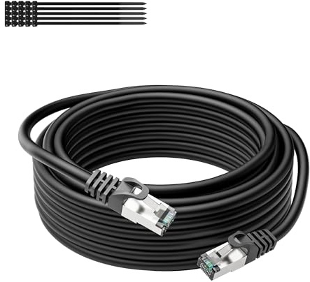 Cat 6A-nätverkskabel (svart, 20 meter) för utomhus- och inomhusbruk, 10 gigabit Ethernet-kabel, WLAN-kabel, Cat6A LAN-kabel, 26 AWG, nickelpläterad kontakt + 25 st kabelband