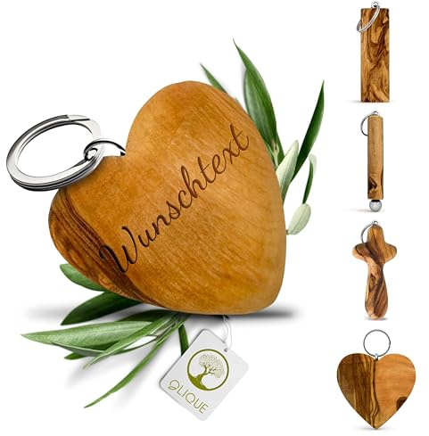 OLIQUE Schlüsselanhänger personalisiert, Olivenholz - Handgemachter Anhänger mit Gravur als individuelles Geschenk (Herz 3D)