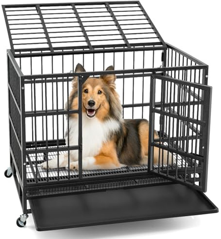 GYMAX Cage pour Chien en Métal Robuste, Niche pour Chien Pliable Anti-Évasion, Double Porte, Serrures Robustes, Plateau et Roues Amovibles (96 x 65 x 77 cm)