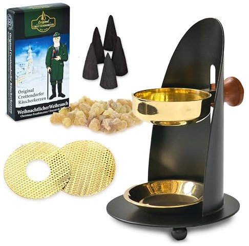 Crottendorfer WeihrauchBrenner Set - Handgefertigter Höhenverstellbarer Weihrauchbrenner Schwarz & Messing - Mit Weihrauch & Räucherkerzen - Perfekt für Räucherkegel - Weihnachtliche Raumdüfte