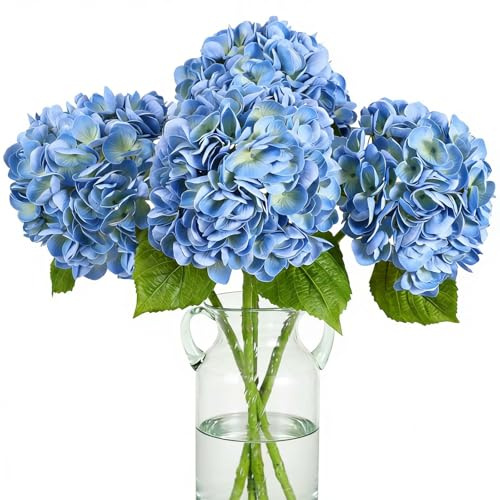 Nubry 4Pcs Blue Hydrangea Artificial Flowers, 22.5In Latex Faux Real Touch Large Hydrangea Flowers with Long Stems & Leaves for Home Office Decor Wedding Party Arrangements(Blue)