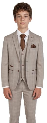 Elegant Boys 3 Piece Check Tweed Beige Suit - Vintage Tailored Fit for Pageboy, Weddings & Formal Events Sizes 14 Years UK