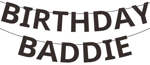 BOXOB Birthday Baddie Banner, Pre-Strung Black Glitter Banner Funny Party Decoration for Women and Men Birthday Party Supplies