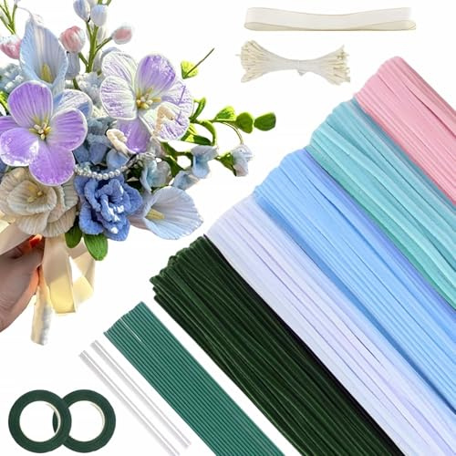 400Pcs Pipe Cleaners for Crafts Flowers Chenille Stems DIY Flower Making Kit with Floral Wires, Tape, Stamen & Ribbon, Pipe Cleaner for Tulip Bouquet, Fuzzy Sticks Arts & Crafts Supplies (Colourful)