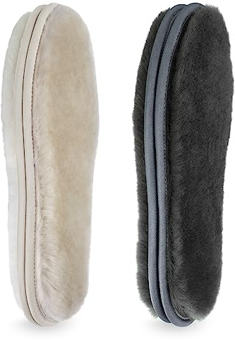 riemot 2 Pairs Genuine Sheepskin Insoles for Men & Women, Thick Lambswool Warm Shoe Inserts, Soft Cosy Fluffy Replacement Insoles for Slippers, Wellies, Boots & Shoes, Beige Grey UK 6