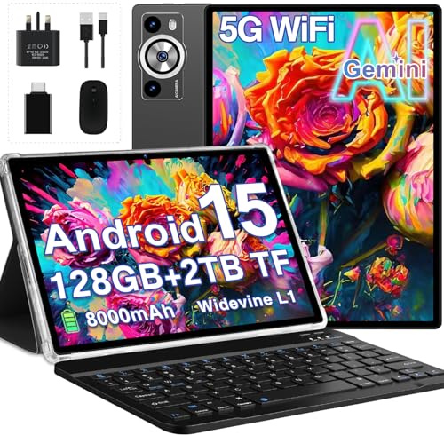 2026 Tablet 10 Inch Android 15 with Gemini AI, 30GB RAM+128GB ROM(TF 2TB), GMS, 8000mAh, Face ID, Octa Core 2.0GHz/BT5.0/GPS/Widevine L1/8MP+5MP/Widgets/5G WiFi Tablet with Keyboard & Mouse - Black