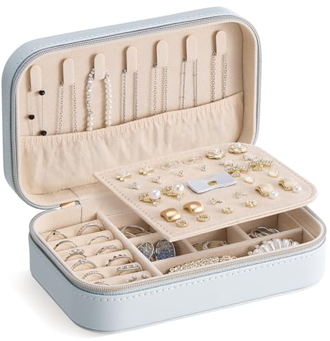Lolalet Travel Jewelry Case for Women Girls, PU Leather Jewelry Organizer with Clear Storage Bag Small Portable Jewelry Box for Necklace Bracelet Earring Ring Mothers Day Birthday Gifts -Medium/Blue