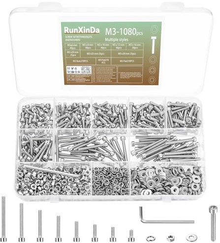 RunXinDa Juego de 1080 tornillos M3, acero inoxidable 304, hexágono interior, tornillos cilíndricos con tuercas y arandelas, surtido de tornillos hexagonales para modelismo y electrónica