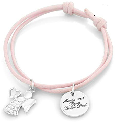 Taufarmband mit Gravur Rosa Schutzengel Armband Mädchen Kinderarmband zur Taufe Armband Engel Silberschmuck Baby Kinder Taufspruch Psalm Taufgeschenk Engel mit Herz
