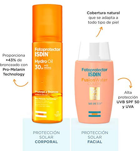 ISDIN PACK Protector Solar Facial Fusion Water Color SPF 50+ | Protector Solar Corporal Hydro Oil SPF 30, Protege y Broncea hasta un +43%