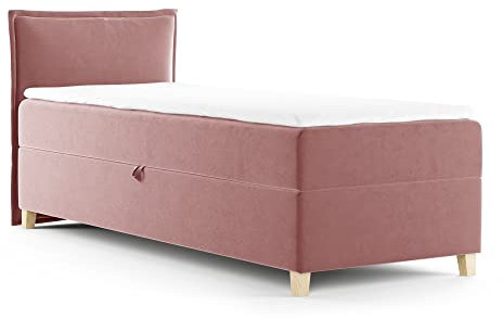Boxspringbett Fren Mini mit Bettkasten - Einzelbett mit Bonell-Matratze und Topper, Polsterbett mit Holzfüße, Bett, Schlafzimmer, Kinderzimmer (Pink (Kronos 29), 100 x 200 cm)
