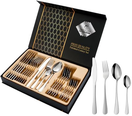 Vajilla grabada personalizada, caja de regalo de cubiertos de acero inoxidable de 24 piezas, regalo de cumpleaños, juego de vajilla para reunión familiar (plata)